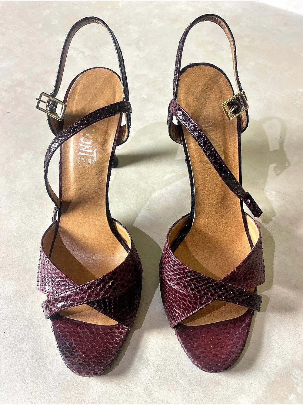 Miramonte Snakeskin-Look Strappy Heels in Burgundy Size 6.5M